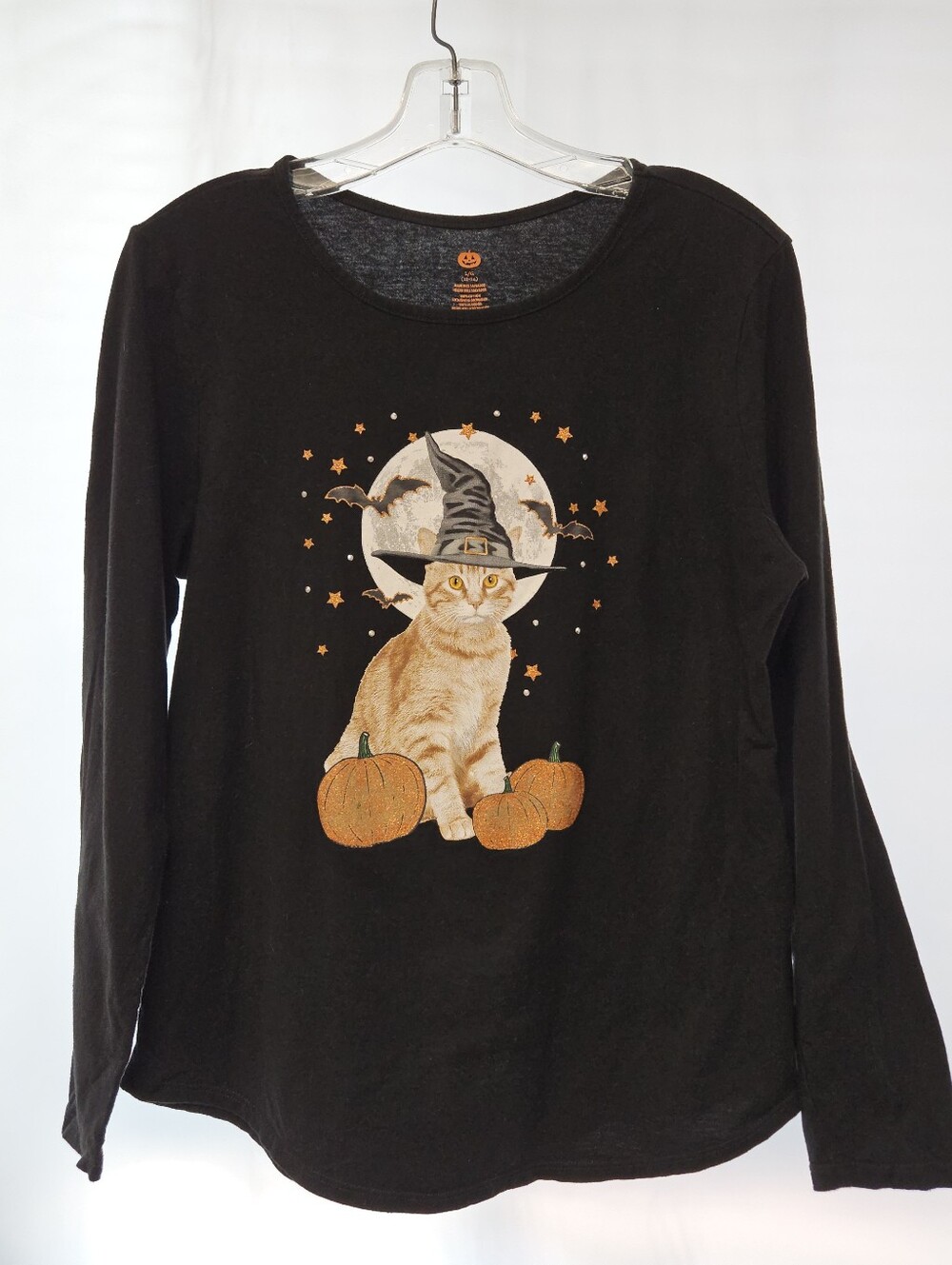 Old Navy Black Long-Sleeve Halloween Cat Graphic Tee Sz L
